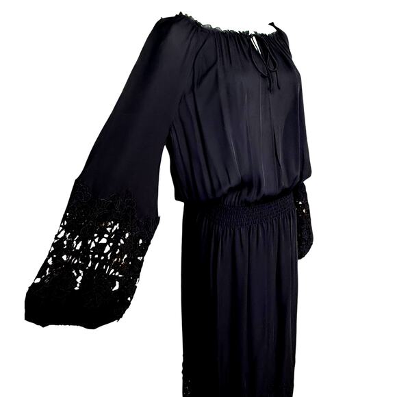 Eli Tahari 100% Silk Black Lace Embroidery Long Sleeves Maxi Dress Size M - Picture 1 of 13